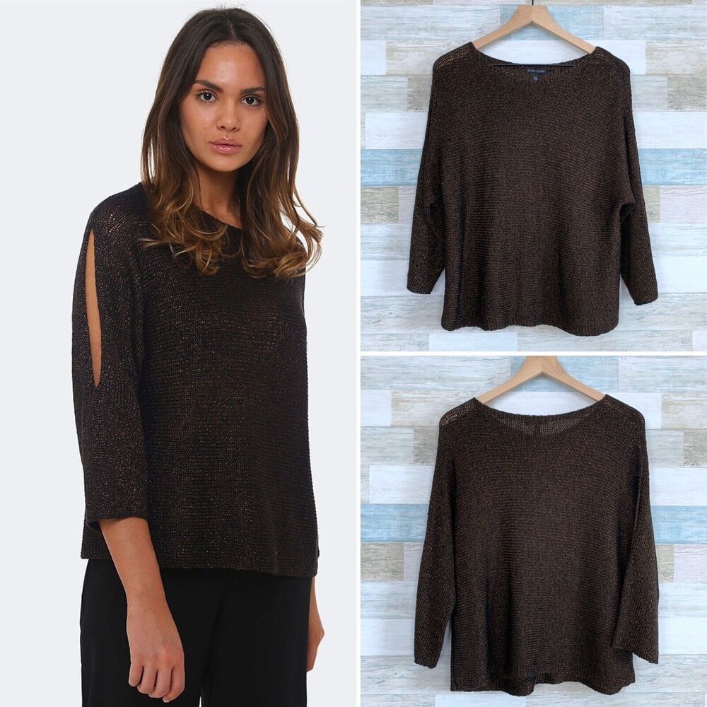 Eileen Fisher Organic Linen Loose Knit Dolman Sweater Brown Metallic Womens XS